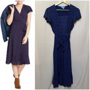 Draper James Polka Dot Wrap Midi Dress US Size 10 Navy Blue Flutter Sleeve